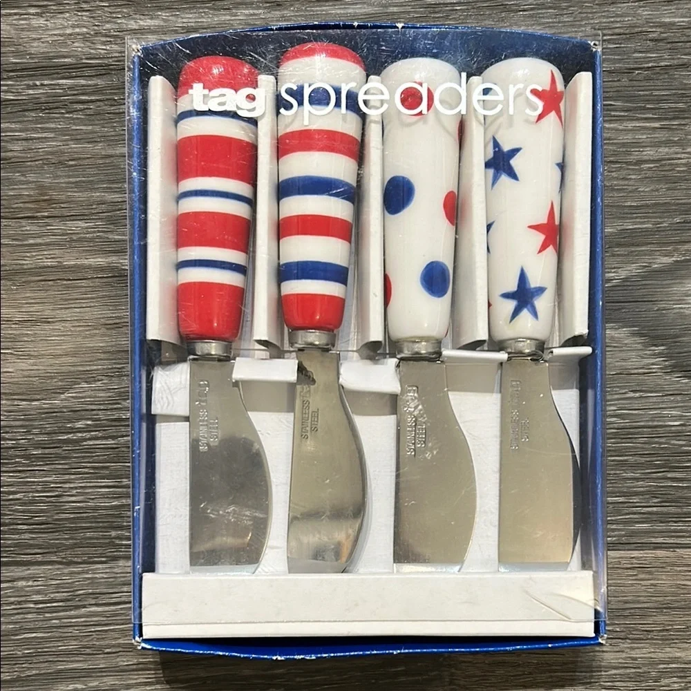 Vintage Tag Spreaders Patriotic Red White Blue Stripes Polka Dots Stars USA